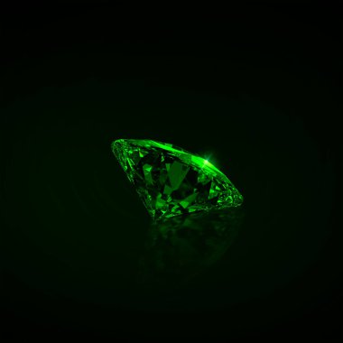 Green dazzling diamond on black background. 3D render