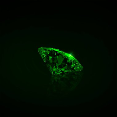 Green dazzling diamond on black background. 3D render