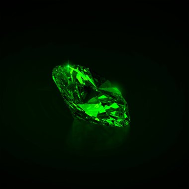 Green dazzling diamond on black background. 3D render