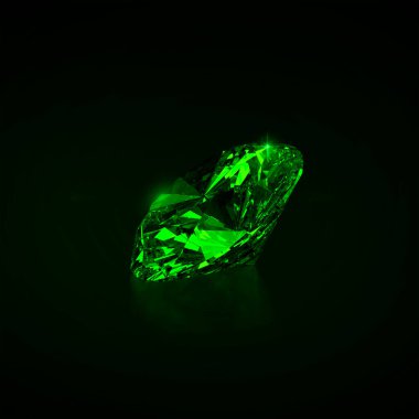 Green dazzling diamond on black background. 3D render