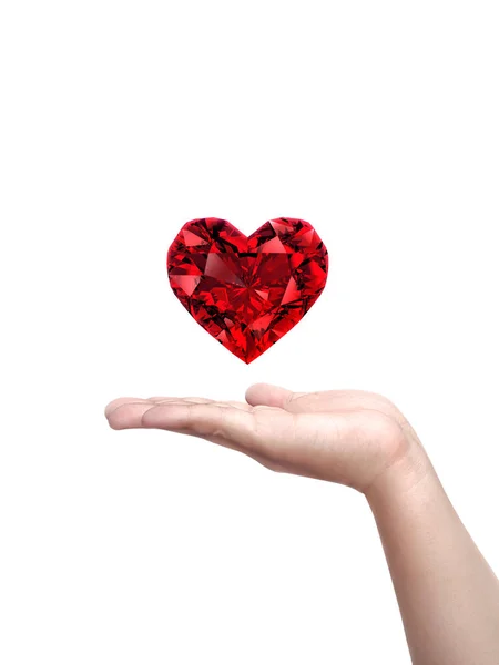 Hand Holding Red Heart Shaped Diamond Isolated White Background — Fotografie, imagine de stoc