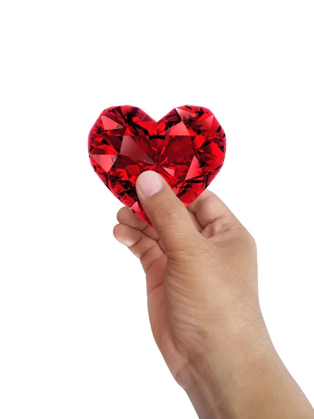 Hand Holding Red Heart Shaped Diamond Isolated White Background — Stock fotografie