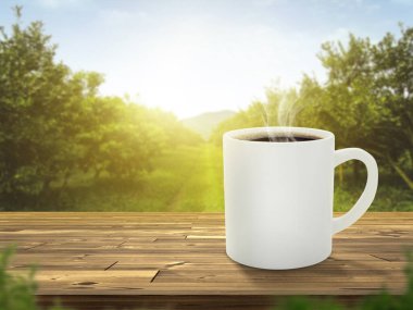 Hot coffee cup with on the wooden table and the plantations background with copy space