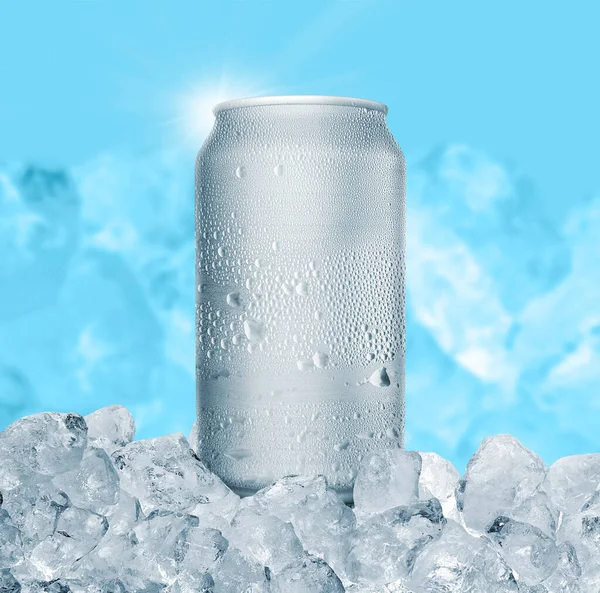 Aluminum Tin Can Ice Cubes Blue Background Blank Metallic Can — Stock Fotó