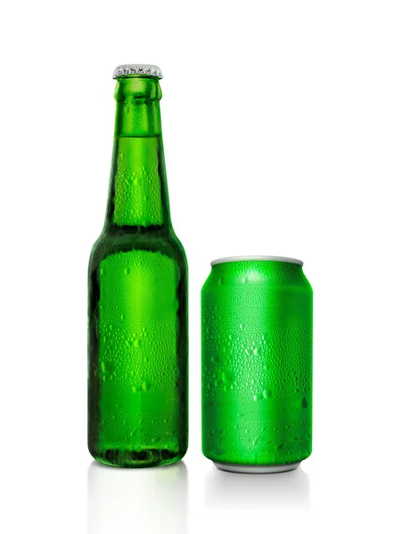 Green Beer Bottle Green Beer Can Water Droplets White Background — Stok fotoğraf