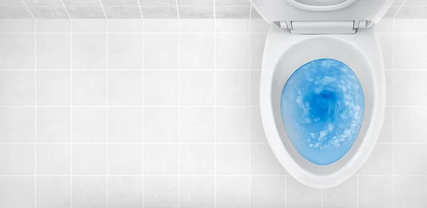 Top View Toilet Bowl Blue Detergent Flushing — Stock Photo, Image