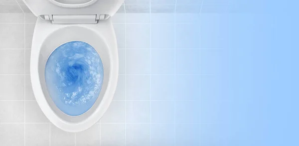 Vista Superior Vaso Sanitário Detergente Azul Rubor Nele — Fotografia de Stock