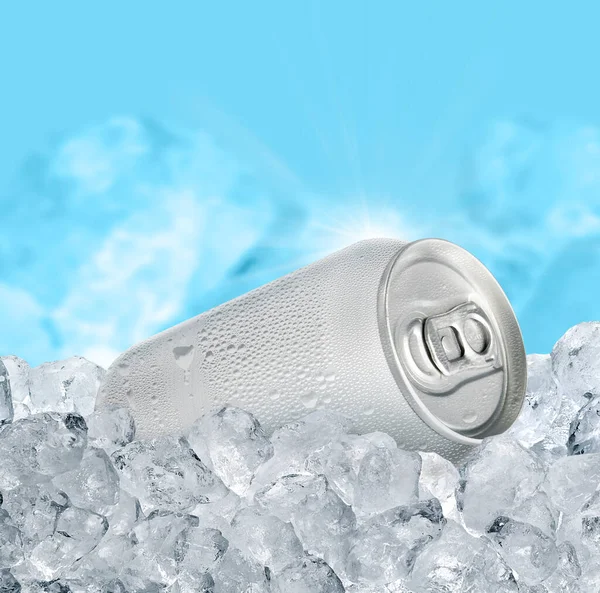 Aluminum Tin Can Ice Cubes Blue Background Blank Metallic Can — Stockfoto