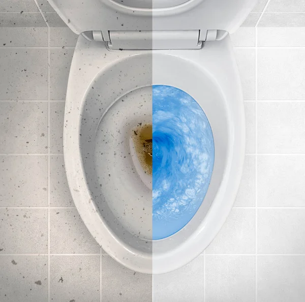 Photos before and after cleaning a dirty toilet, the result of using different detergents from large pollution