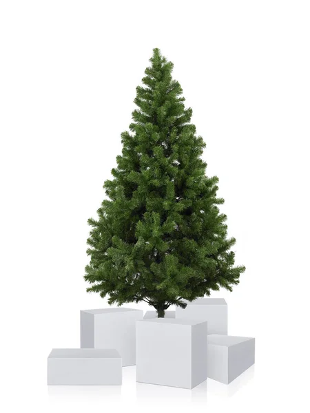 Decorated Christmas Tree Box Isolated White Background — Photo