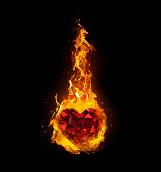 Red Heart Shaped Diamond Fire Black Background — Zdjęcie stockowe