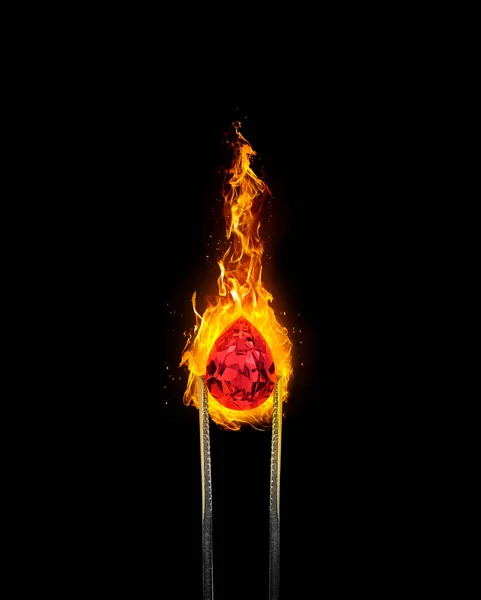 Shiny Brilliant Diamond Red Placed Fire Black Background Diamond Tweezers — Stockfoto