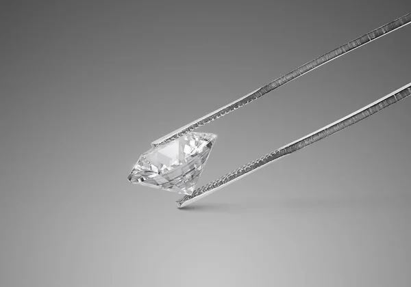 Блискучий Блискучий Діамант Розміщений Сірому Фоні Алмазних Пінцетах Візуалізація — стокове фото
