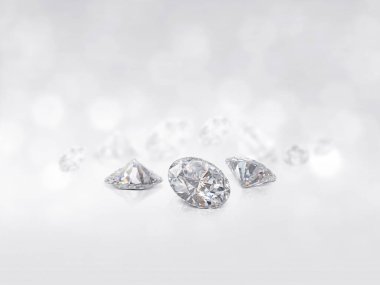 still with expensive cut diamonds in front of a white background, reflections on the ground. Lot of copy space