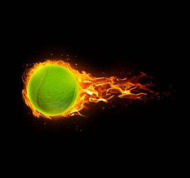 Tennis ball, on fire on black background