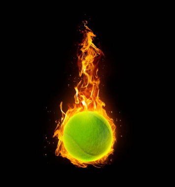 Tennis ball, on fire on black background