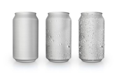 Thin aluminum cans in silver isolated from white background, cans with water droplets, cans with water droplets and ice