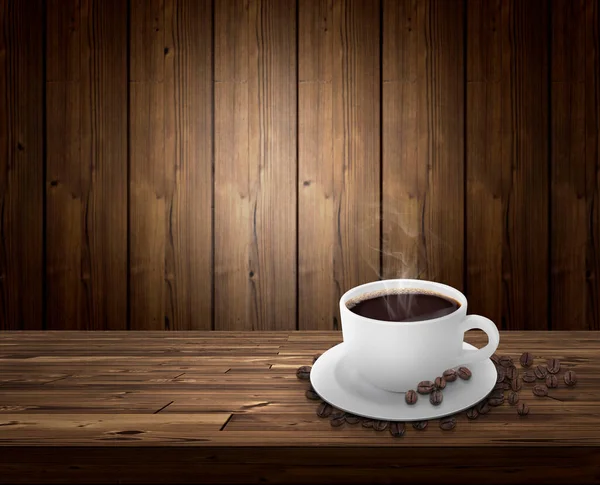 Coffee Cup Beans Wooden Table Smoke — Foto de Stock