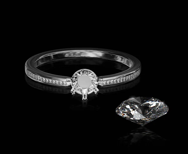 White gold or silver ring without gemstone and round diamond with reflection on a black background. 3D render