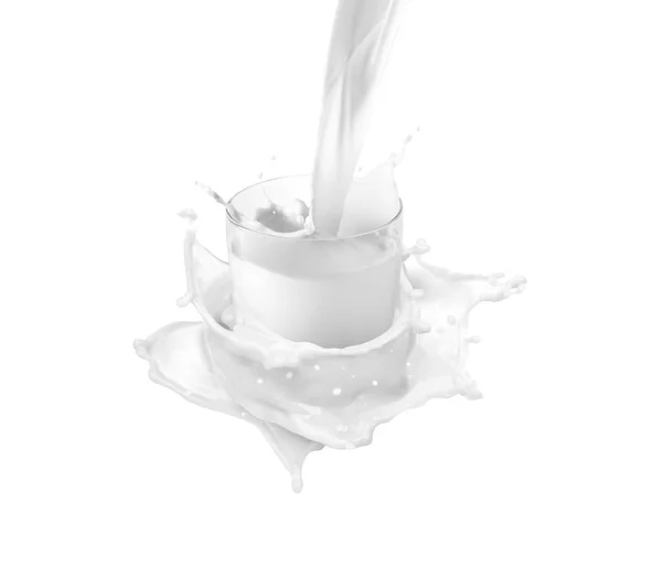 Pouring Glass Milk Creating Splash Isolated White Background — Stock Photo, Image