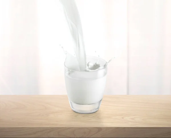 Pouring Milk Glass Cup Splashing Wooden Table — 스톡 사진