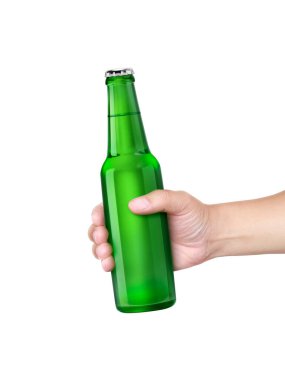 A man holding Beer bottle isolated on white background