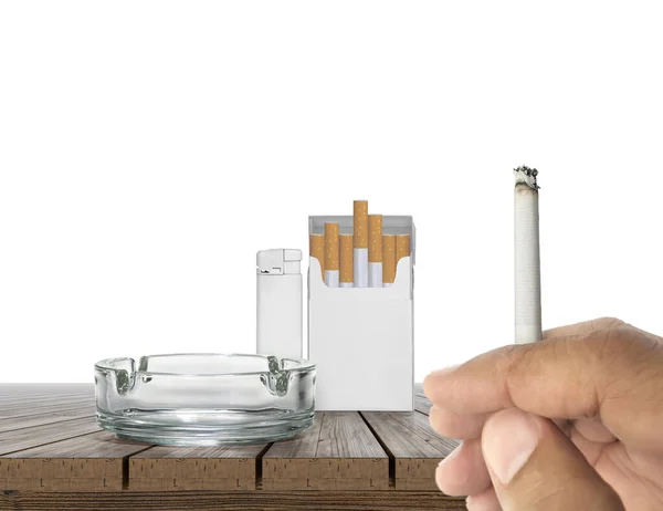 Cigarette Hand Cigarette Pack Ashtray Lighters Isolated Wooden Table — Fotografia de Stock