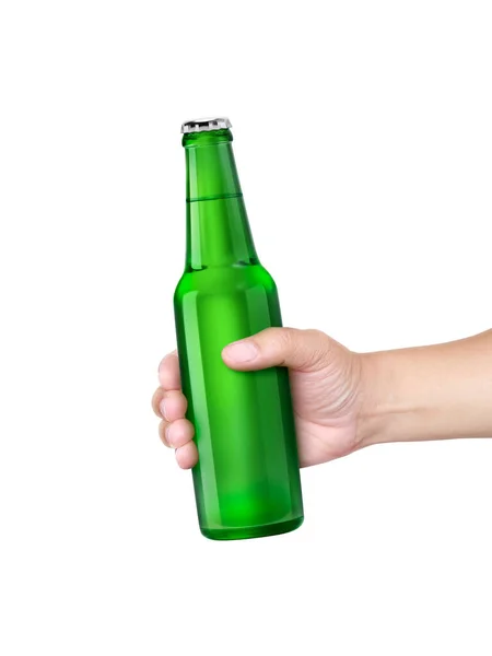 Man Holding Beer Bottle Isolated White Background — Stock fotografie