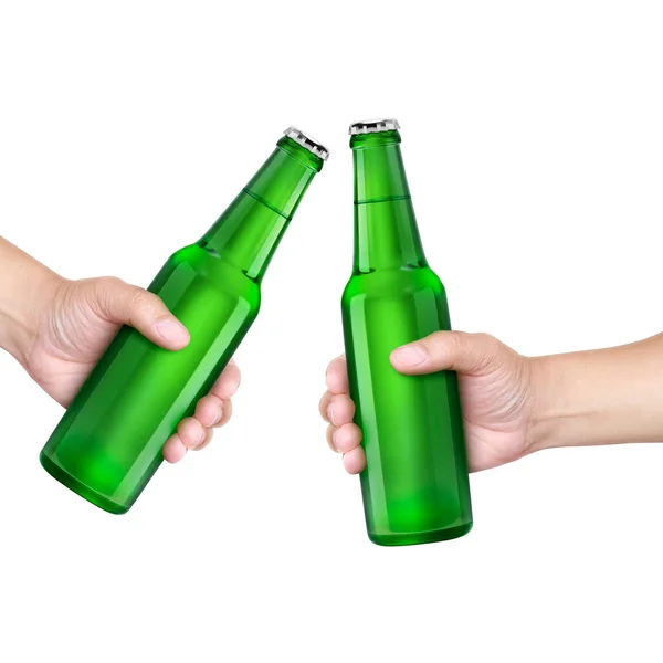 Man Holding Beer Bottle Isolated White Background — Photo