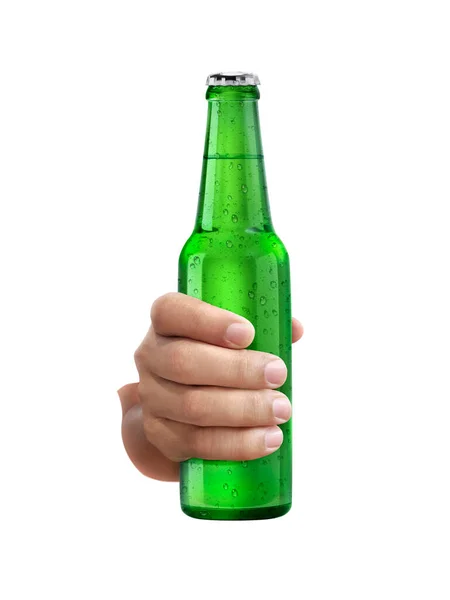 Man Holding Beer Bottle Water Drops Isolated White Background — Fotografie, imagine de stoc