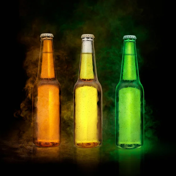 Beer Bottle Water Drops Color Smoke Black Background — Stock fotografie