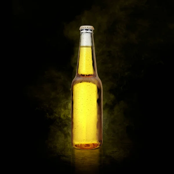 Beer Bottle Water Drops Yellow Color Smoke Black Background — Zdjęcie stockowe