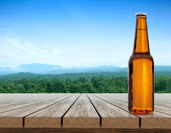 Beer Bottle Water Drops Wooden Table Terrace Refreshing Atmosphere Morning — Photo