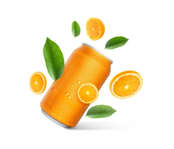 Aluminum Orange Soda Can Falling Juicy Oranges Green Leaves Isolated — Foto Stock