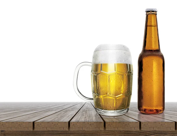 Beer Glass Water Drops Beer Bottle Wooden Table — Stock fotografie