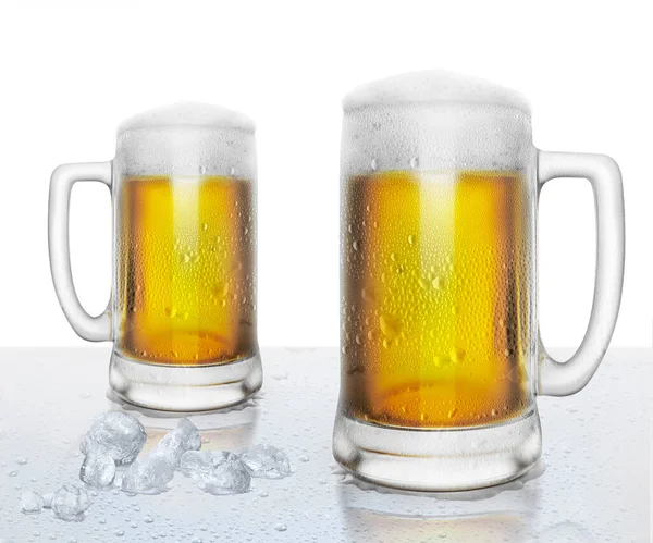 Beer Glass Water Drops Ice Cubes White Background — Stock fotografie