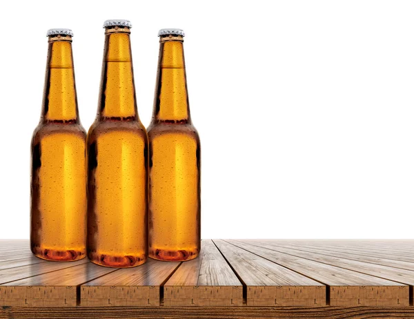 Bottle Beer Wooden Table White Background Close — Stok fotoğraf