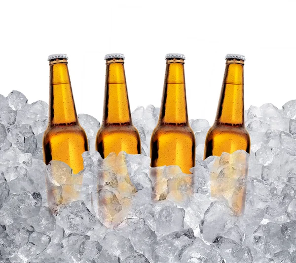 Three Bottles Beer Ice Cubes Isolated White Background — Stock fotografie