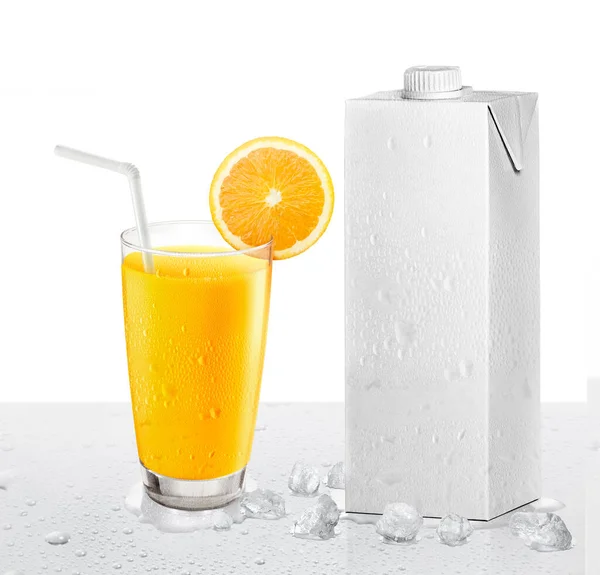 Fresh orange juice with fruits and Packages box having drops water