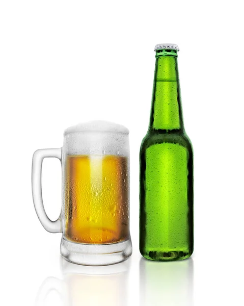 Glass Bottle Beer Water Droplets Isolated White Background Render — Stok fotoğraf