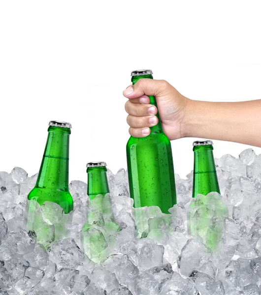 Man Holding Cold Beer Bottle Ice Cube Chilled Beer Bottle — Fotografia de Stock