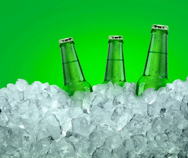 Three beer bottles getting cool in ice cubes. Isolated on a green