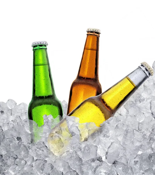 Three Bottles Beer Ice Cubes Isolated White Background — Stock Fotó