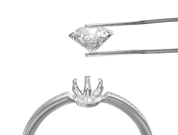 White Gold Silver Ring Gemstone Excellent Cut Diamonds Held Tweezers — 图库照片