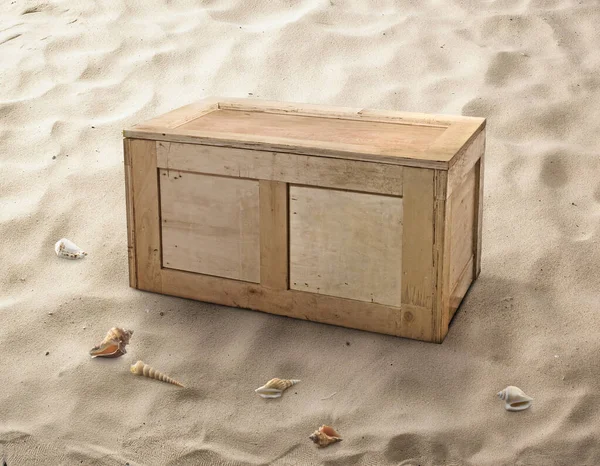 Wooden Treasure Box On The Beach With Sun Beam