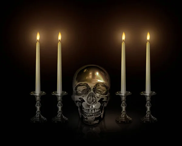 Iron skull and Candle light on a candlestick on a black background, Halloween day concept