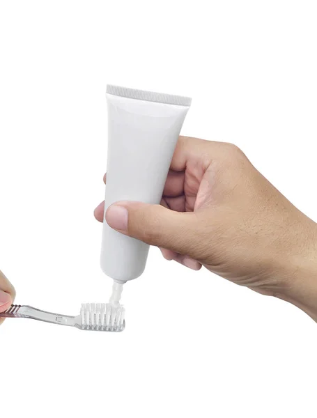 Guy Squeezes Toothpaste Toothbrush — Stock Photo, Image