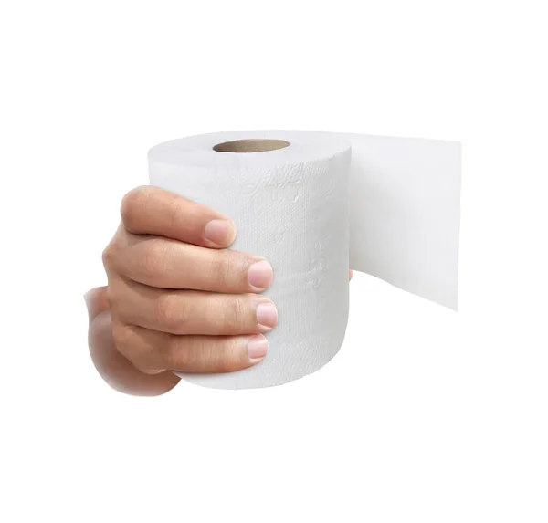 Mano Sosteniendo Papel Higiénico Sobre Fondo Blanco — Foto de Stock