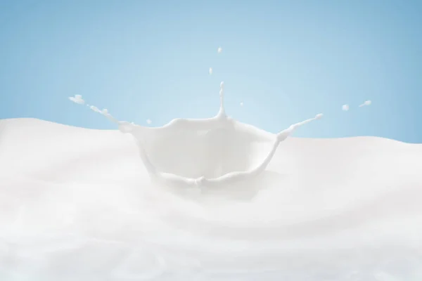 Percikan Mahkota Susu Percikan Kolam Susu Dengan Latar Belakang Biru — Stok Foto