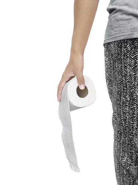 Man Hand Hålla Rulle Toalettpapper Vit Bakgrund — Stockfoto
